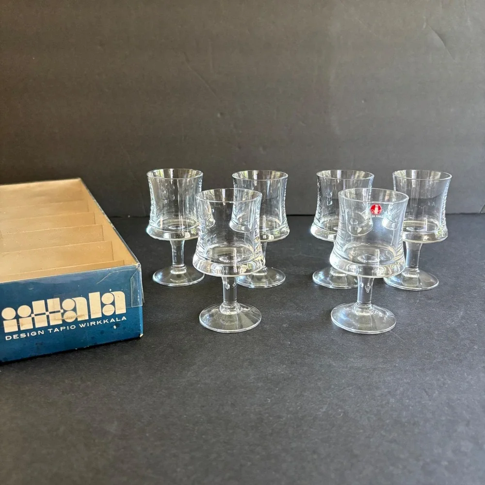 Iittala Crystal Glasses Cordial Sherry Port Grappa Set 6 Finland Vintage 1960s